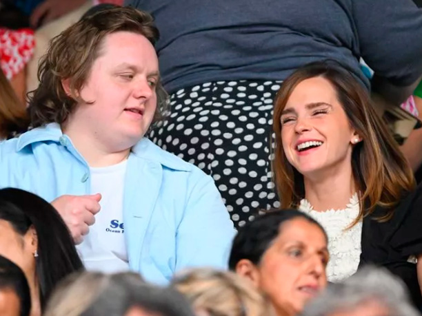 Lewis Capaldi and Emma Watson share a chuckle during the women's final at Wimbledon.