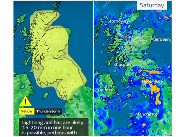Today, Britain will be swept by thunderstorms, and the Met Office has issued flood and lightning warnings.