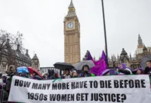 Women from the Waspi campaign assembled outside Parliament for International Women's Day this year-GETTY IMAGES