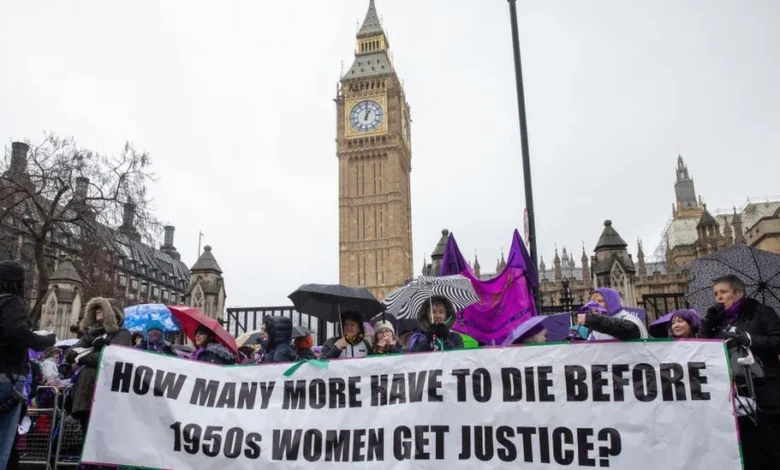Women from the Waspi campaign assembled outside Parliament for International Women's Day this year-GETTY IMAGES
