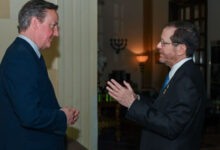 UK Foreign Minister David Cameron, left, meets with President Isaac Herzog in Jerusalem, April 17, 2024. (Maayan Toaf / GPO)