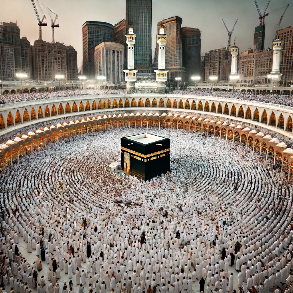 Tawaf around the Kaaba in Mecca, Saudi Arabia, during the Hajj pilgrimage