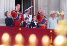 Prince George, the Prince of Wales, Prince Louis, the Princess of Wales, Princess Charlotte, King Charles III, Queen Camilla and the Duchess of Edinburgh on the balcony of Buckingham Palace.  James Manning/PA Wire