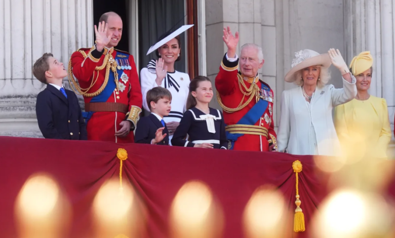 Prince George, the Prince of Wales, Prince Louis, the Princess of Wales, Princess Charlotte, King Charles III, Queen Camilla and the Duchess of Edinburgh on the balcony of Buckingham Palace.  James Manning/PA Wire