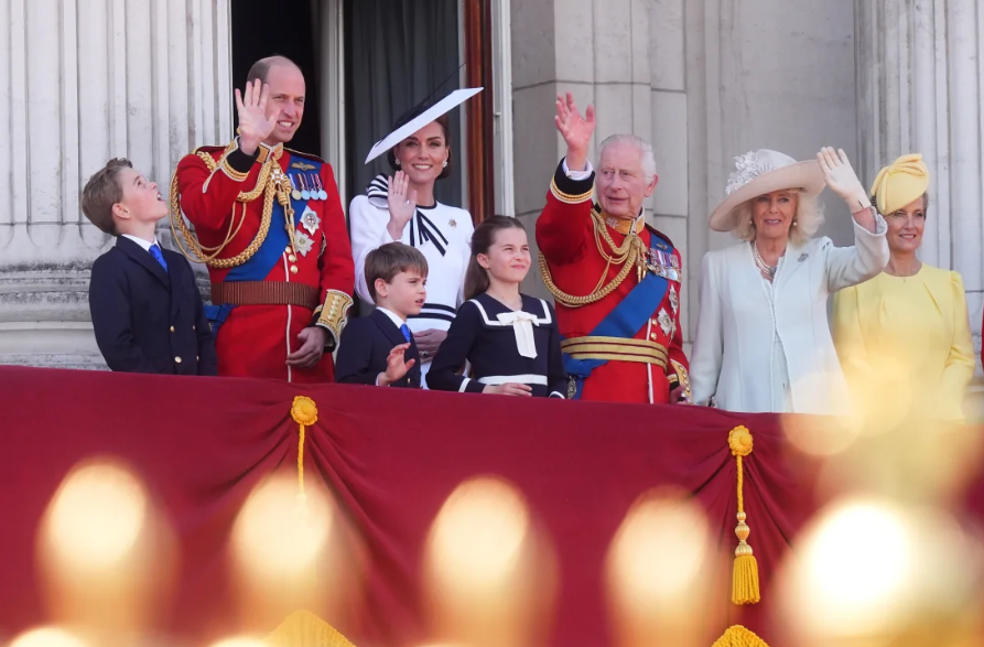 Prince George, the Prince of Wales, Prince Louis, the Princess of Wales, Princess Charlotte, King Charles III, Queen Camilla and the Duchess of Edinburgh on the balcony of Buckingham Palace.  James Manning/PA Wire