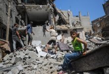 Palestinians search for missing people under the rubble of a destroyed house after an Israeli airstrike in June. Photograph: Mohammed Saber/EPA