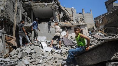 Palestinians search for missing people under the rubble of a destroyed house after an Israeli airstrike in June. Photograph: Mohammed Saber/EPA