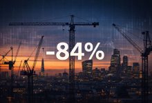 “London skyline with construction cranes symbolising the housebuilding slowdown