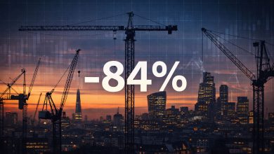 “London skyline with construction cranes symbolising the housebuilding slowdown