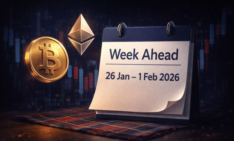 Crypto weekly outlook with Bitcoin and Ethereum icons and a week-ahead calendar