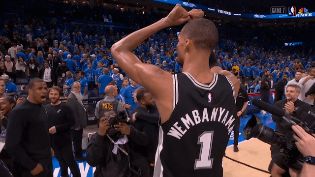 22-yr-old Victor Wembanayama in tears after leading his team to a game 7 win over the defending champs