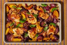 Sheet-Pan Hot Honey Chicken and Peaches