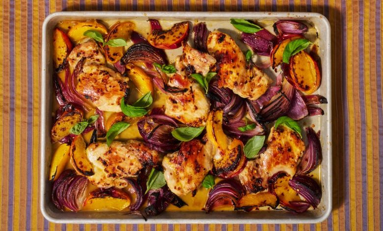 Sheet-Pan Hot Honey Chicken and Peaches