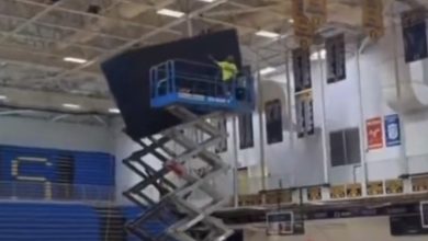 Extraordinary video shows failed jumbotron installation — shatters into pieces as it slams on gym floor