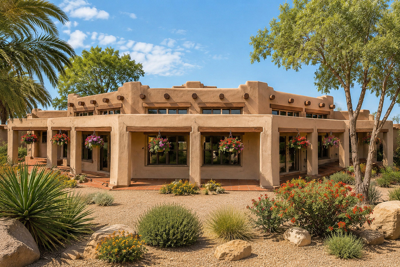 Associated Designs | Santa Fe Home Plan Blends Pueblo Style with Modern Open Living