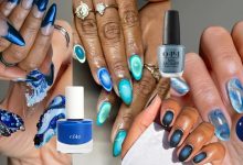 collage of blue nails with a few scattered bottles of blue nail polish