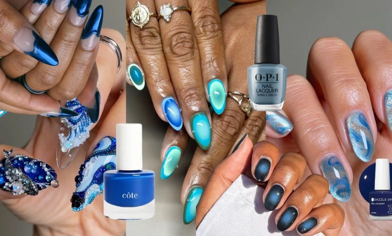 collage of blue nails with a few scattered bottles of blue nail polish