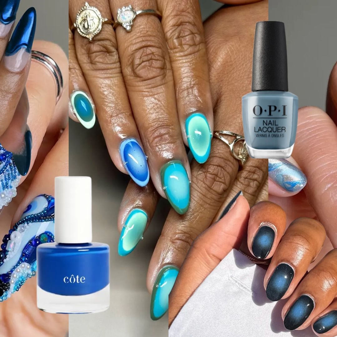 collage of blue nails with a few scattered bottles of blue nail polish