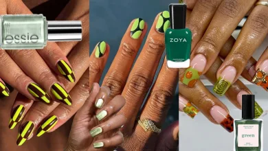 collage of green nails with green nail polish