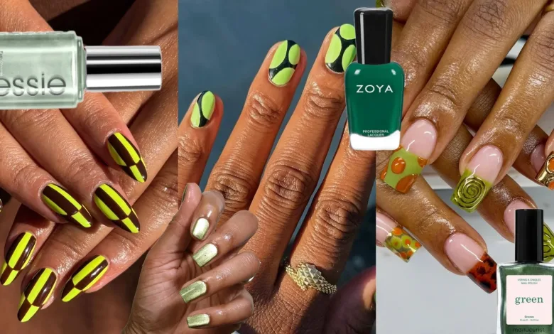 collage of green nails with green nail polish