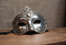 AI-generated image: A silver Venetian-style carnival mask is the main subject.