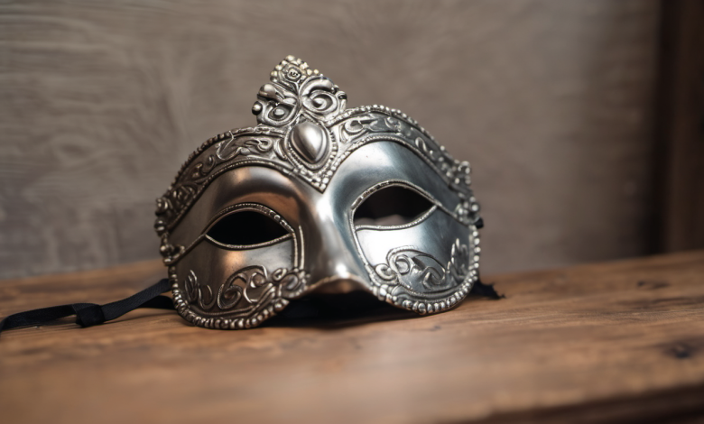 AI-generated image: A silver Venetian-style carnival mask is the main subject.