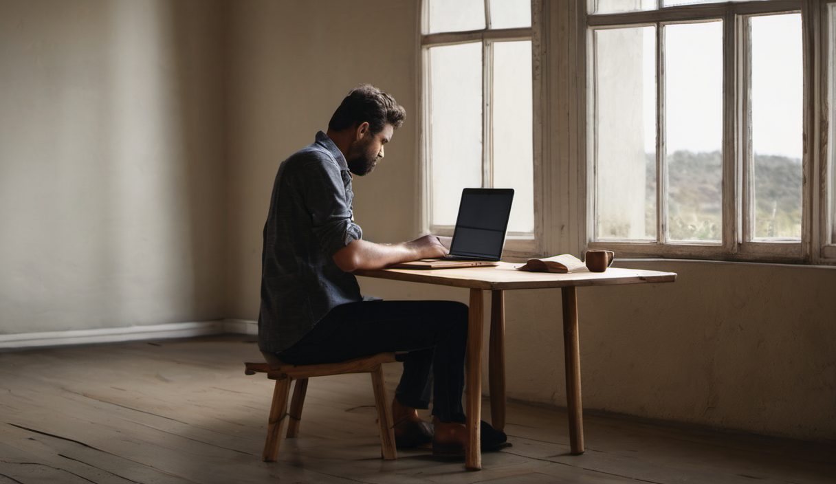 AI-generated image: A man is sitting at a wooden table, working on a laptop.