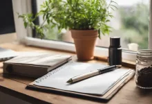 AI-generated image: A wooden desk with a notebook, a pen, a coffee mug, a potted plant, a glass jar filled with coffee beans, and a computer monitor are visible.