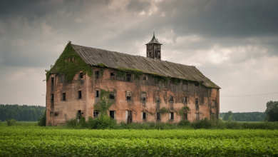 AI-generated image: A large, dilapidated brick building with a steeply pitched roof covered in green vegetation.