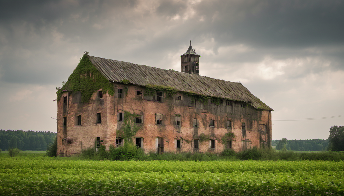 AI-generated image: A large, dilapidated brick building with a steeply pitched roof covered in green vegetation.