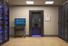 AI-generated image: The image shows a server room with multiple server racks, each with blue LED lighting.