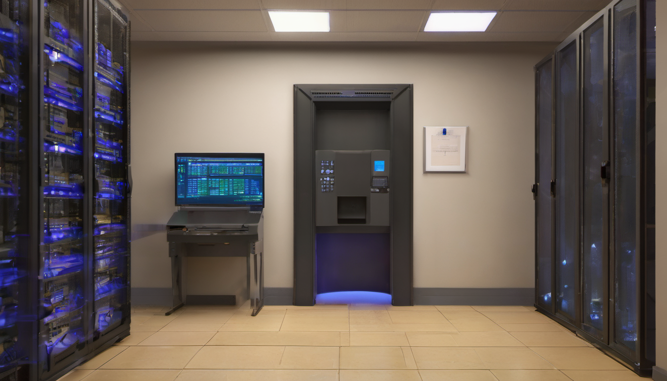AI-generated image: The image shows a server room with multiple server racks, each with blue LED lighting.
