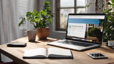AI-generated image: A wooden table with a laptop, a notebook, a pen, a mug, a smartphone, and several potted plants.