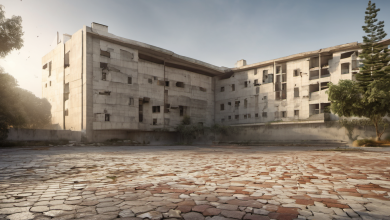 AI-generated image: The image shows a large, concrete building with a repetitive, block-like design.