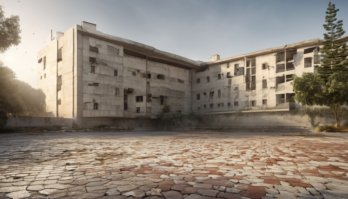AI-generated image: The image shows a large, concrete building with a repetitive, block-like design.