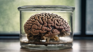 AI-generated image: A preserved human brain is contained within a clear glass jar.