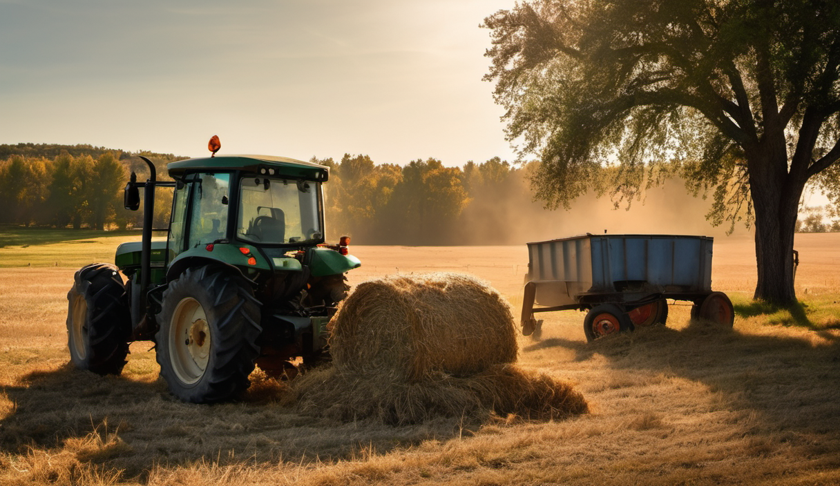 AI-generated image: The main foreground subject is a green tractor with a cabin and large wheels.