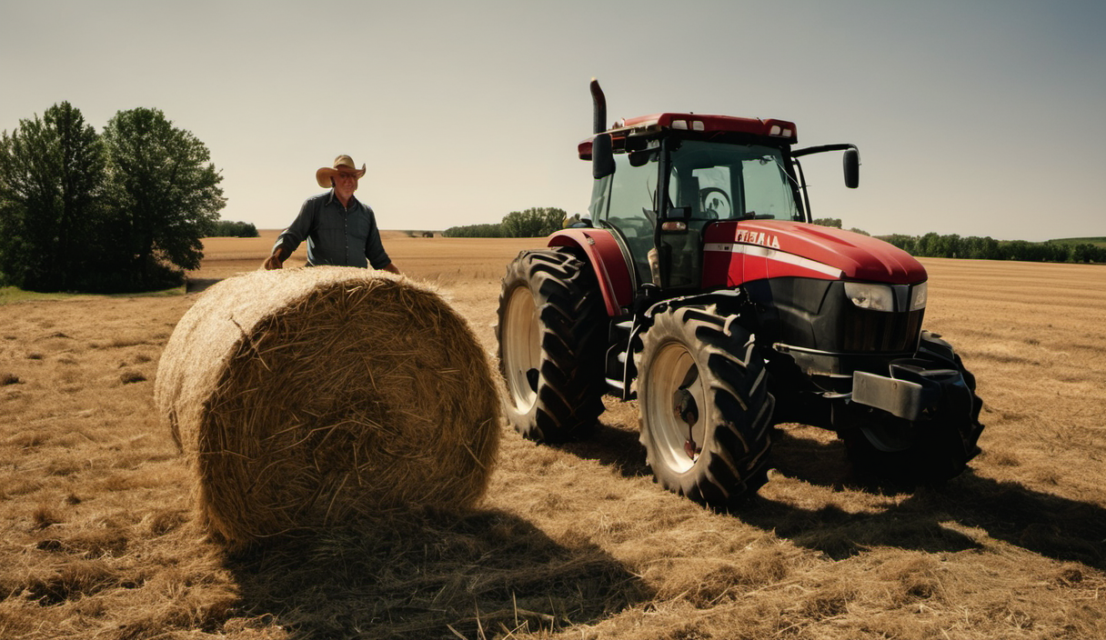 AI-generated image: A man wearing a cowboy hat and a light-colored shirt is standing in front of a large round bale of hay.