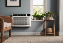 AI-generated image: The main subject is a white window air conditioner unit mounted on a wall.