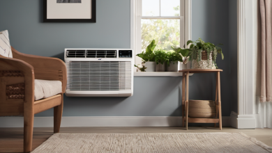 AI-generated image: The main subject is a white window air conditioner unit mounted on a wall.