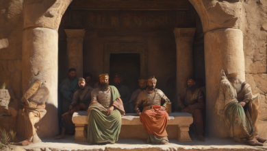 AI-generated image: A group of men are seated on stone benches within a large, ancient stone structure.