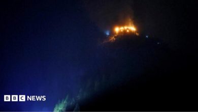 The Eagle's Nest on fire in the dark