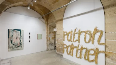 An exhibition at Post-Fair under the vaulted, 17th-century ceiling of a hotel particulier in Paris.