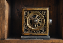 AI-generated image: The main foreground subject is a square, ornate mechanical device with a metal frame and a visible internal gear mechanism.