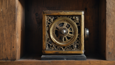AI-generated image: The main foreground subject is a square, ornate mechanical device with a metal frame and a visible internal gear mechanism.