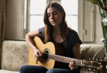 AI-generated image: A young woman is sitting on a couch and playing an acoustic guitar.