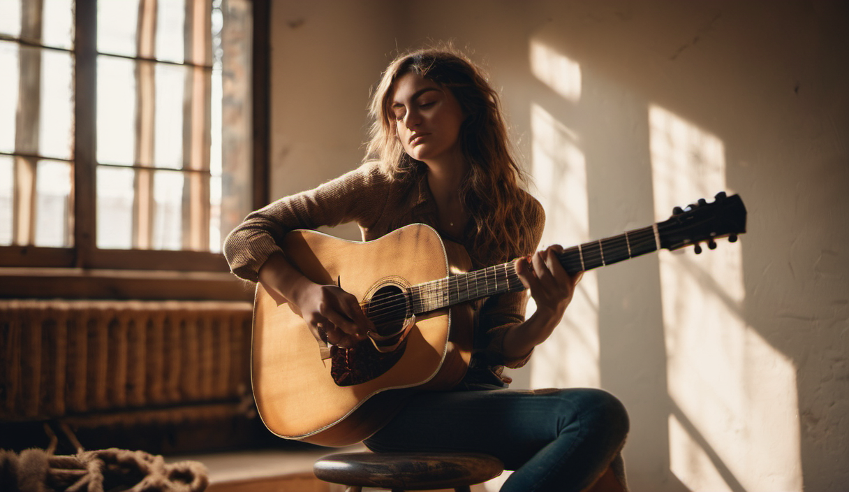 AI-generated image: A young woman is sitting on a stool and playing an acoustic guitar.