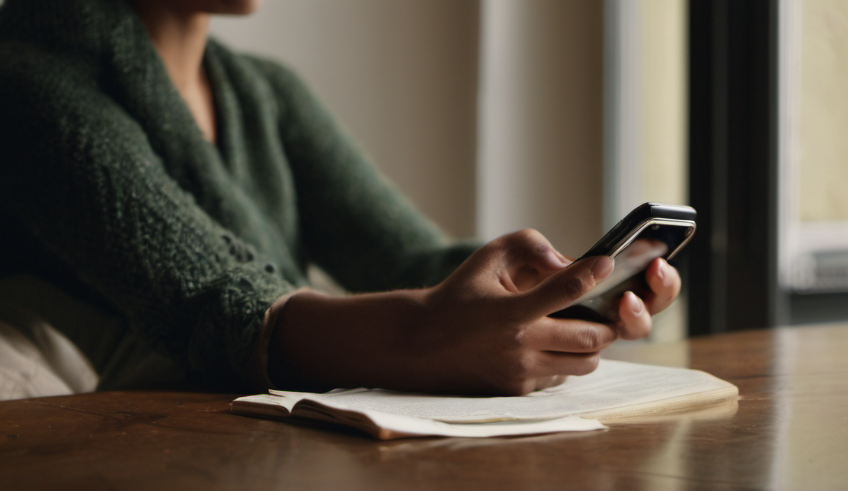 AI-generated image: A person's forearm and hand are visible in the foreground, holding a smartphone.