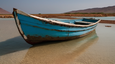 AI-generated image: A small, blue boat is the main foreground subject.