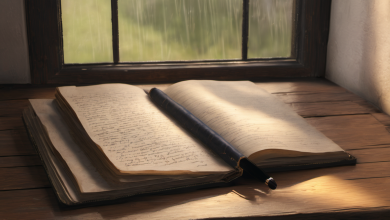 AI-generated image: An open, leather-bound book with handwritten text is lying on a wooden surface.
